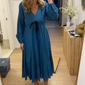 Hatch blue LS embroidered midi dress w/ bow
